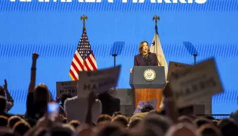 epa11495978 US Vice President Kamala Harris addresses the American Federation of Teachers' 88th national convention during her keynote speech in Houston, Texas, USA, 25 July 2024. US President Joe Biden announced on 21 July he would not seek re-election and endorsed Vice President Harris to be the Democratic Party's new nominee for the US elections in November 2024. EPA/LESLIE PLAZA JOHNSON