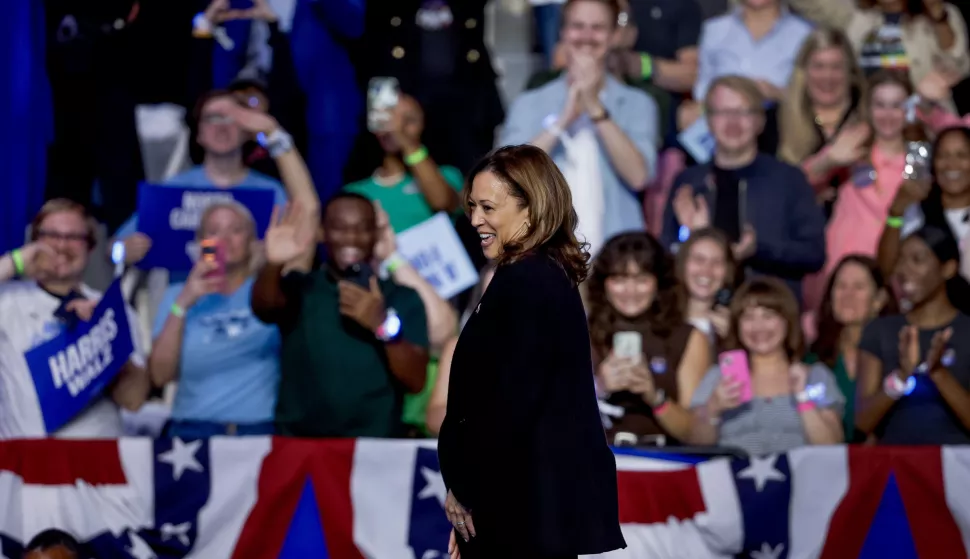 epa11601008 US Vice President and Democratic presidential nominee Kamala Harris participates during a campaign rally at the Bojangles Arena in Charlotte, North Carolina, USA, 12 September 2024. Harris is running against former US President and Republican nominee Donald Trump. EPA/ERIK S. LESSER