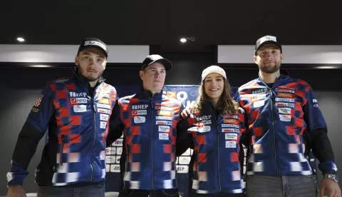 Zagreb, 21.10.2024. - "Croski Media Day"- konferencija za medije hrvatske skija&scaron;ke reprezentacije. Na fotografiji Istok Rode&scaron;, Filip Zubčić, Leona Popović, Samuel Kolega. foto HINA/ Lana SLIVAR DOMINIĆ/ lsd 