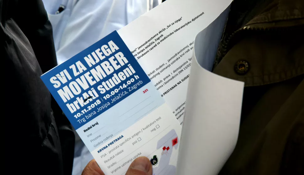 Zagreb, 10.11.2018. - U sklopu svjetskog pokreta Movember (Brkati studeni) na Trgu bana Josipa Jelačića u znak borbe protiv raka prostate odrava se javnozdravstvena akcija "Svi za njega". Cilj je akcije podizanje svijesti o vanosti prevencije te bolesti koja je uz pravovremeno otkrivanje gotovo 100 posto izlječiva. Oni stariji od 60 godina imaju priliku izvaditi krv za kvalitativno određivanje specifičnog antigena (PSA). foto HINA/ Zvonimir KUHTIĆ/ zk