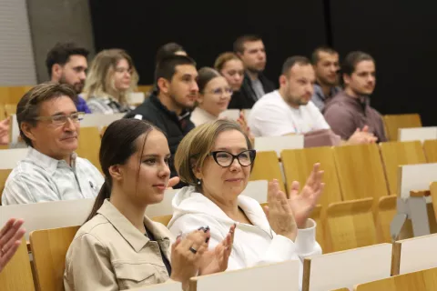 Osijek, 30. 10. 2024, Građevinski fakultet Osijek. Predavanje Velimira Sriće. Velimir Srića.snimio GOJKO MITIĆ