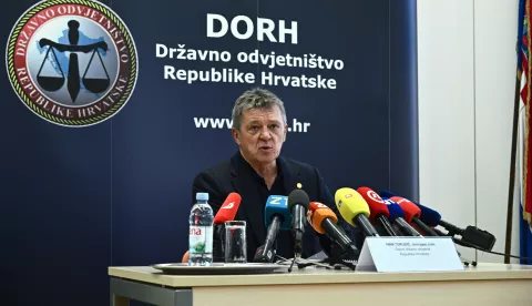 Zagreb, 15.11.2024. - Izjava za medije Glavnog državnog odvjetnika Ivana Turudića povodom uhićenja biv&scaron;eg ministra zdravstva Vilija Bero&scaron;ami suokrivljenika u akciji USKOK-a i EPPO-a.Na fotografiji Ivan Turudić.foto HINA/ Edvard &Scaron;U&Scaron;AK/ es