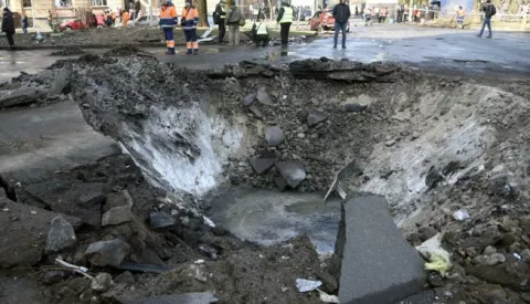 KYIV, UKRAINE - MARCH 21, 2024 - A shell crater is seen at the site of a Russian missile fall in Shevchenkivskyi district of Kyiv, capital of Ukraine. March 21, 2024. Photo by Kirill Chubotin/Ukrinform/ABACAPRESS.COM Photo: Chubotin Kirill/Ukrinform/ABACA/ABACA