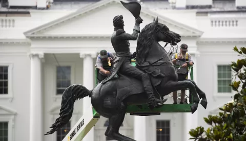 epaselect epa08479838 With the White House seen behind them, Randy Coy (L) and Gary Currens (R), staff in the monument division of Gettysburg National Military Park; heat the statue of Andrew Jackson at the Battle of New Orleans and apply microcrystalline wax to preserve the monument, as the US National Park Service performs bronze maintenance of monuments at Lafayette Park, in Washington, DC, USA, 11 June 2020. Lafayette Park, which is across the street from the White House, has reopened to the public with the removal of temporary fencing following protests over the death of George Floyd while in police custody in Minneapolis. Regularly scheduled bronze maintenance of the statues in Lafayette Park had been planned but additional work was required when graffiti was left on some of the monuments in the park. EPA/MICHAEL REYNOLDS
