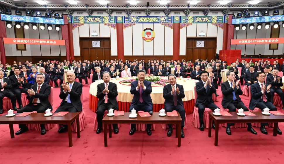 epa11799858 (Front L-R) Secretary of the Central Commission for Discipline Inspection of the Communist Party of China Li Xi, Secretary of the Secretariat of the Chinese Communist Party Cai Qi, Chairman of the Standing Committee of the National People's Congress of China Zhao Leji, Chinese President Xi Jinping, Premier Li Qiang, Chairman of the Chinese People's Political Consultative Conference Wang Huning, Vice Premier Ding Xuexiang and Vice-President Han Zheng attend the New Year gathering organized by the National Committee of the Chinese People's Political Consultative Conference (CPPCC) in Beijing, China, 31 December 2024. The leaders also watched a performance at the gathering. EPA/XINHUA/XIE HUANCHI CHINA OUT/UK AND IRELAND OUT/ MANDATORY CREDIT EDITORIAL USE ONLY