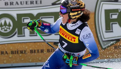 epa11836195 Federica Brignone of Italy reacts in the finish area during the Women's SuperG race at the FIS Alpine Skiing World Cup in Cortina d'Ampezzo, Italy, 19 January 2025. EPA/LUCIANO SOLERO