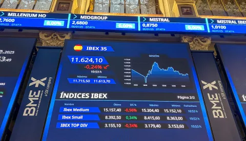 epa11808673 A screen displays the Ibex 35 evolution at the Madrid Stock Exchange in Madrid, Spain, 06 January 2025. Spain's benchmark index Ibex 35 has risen 0.45 percent after the opening of the session and exceeded the threshold of 11,700 points. EPA/ALTEA TEJIDO