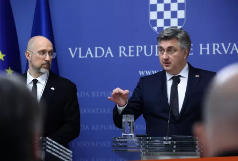Zagreb, 29.01.2025. - U Banskim dvorima predsjednik Vlade Andrej Plenković primio je predsjednika Vlade Ukrajine Denisa Šmihala. Poslije sastanka predsjednici su dali izjave za medije. foto HINA /Zvonimir KUHTIĆ/ kuzo