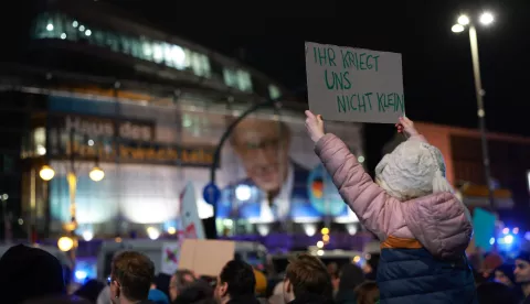 epa11861148 A young participant holds a placard that reads 'you can't keep us down' during a rally in front of the Christian Democratic Union (CDU) party's headquarters in Berlin, Germany, 29 January 2025. A motion of the Christian Democratic Union (CDU) won obviously a majority in the German parliament Bundestag, with votes of the far-right Alternative for Germany (AfD) party. This poses a novelty, as the CDU intended to keep up a so-called 'firewall' regarding the cooperation with the far-right party. EPA/CLEMENS BILAN
