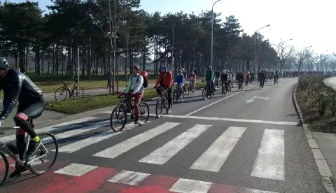 Beograd, 31.01.2025. - Skupina od nekoliko stotina studenata krenula je u petak biciklima iz Beograd prema Novom Sadu, gdje će se 1. veljače pridružiti novosadskim kolegama u blokadama tri mosta kako bi simbolično obilježili tri mjeseca od pogibije 15 ljudi na željezničkom kolodvoru u tom gradu. foto HINA/ FoNet/ Davor Lukač/ tm