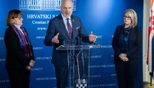 Zagreb, 31.01.2025. - Izjava za medije nakon završetka zajedničke, zatvorene, tematske sjednice Odbora za vanjsku politiku i Odbora za Hrvate izvan Republike Hrvatske na temu "Položaj Hrvata u Vojvodini i Republici Srbiji u sadašnjem političkom trenutku".Na fotografiji Zdravka Bušić, Andro Krstulović Opara, Jasna Vojić.foto HINA/ Edvard ŠUŠAK/ es