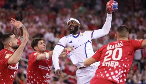 Zagreb, 30.01.2025 - Polufinalni susret Svjetskog prvenstva rukometaša: Hrvatska - Francuska. Na slici Leon Šušnja, Marko Mamić, Mateo Maraš, Nedim Remili.foto HINA/ Damir SENČAR/ ds