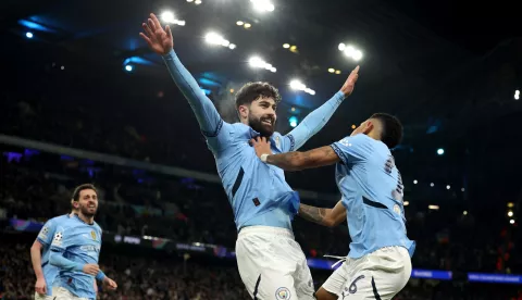 epa11862045 Josko Gvardiol (C) of Manchester City and teammates celebrate after Brugge scored an own goal during the UEFA Champions League match between Manchester City and Club Brugge in Manchester, Britain, 29 January 2025. EPA/ADAM VAUGHAN