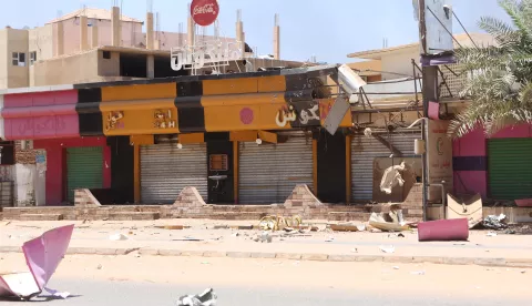 epa10579956 Damaged shops during the ongoing fighting between the Sudanese army and paramilitaries of the Rapid Support Forces (RSF) in Khartoum, Sudan, 19 April 2023. A power struggle erupted since 15 April between the Sudanese army led by army Chief General Abdel Fattah al-Burhan and the paramilitaries of the Rapid Support Forces (RSF) led by General Mohamed Hamdan Dagalo, resulting in at least 200 deaths according to doctors' association in Sudan. EPA/STRINGER