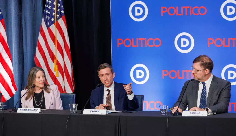 Ken Martin, center, speaks at a forum with candidates to become chair of the Democratic National Committee in Detroit on Jan. 16, 2025. Marianne Williamson, left, and Ben Wikler, right, are also on stage. (Photo by Andrew Roth/Sipa USA) Photo: Andrew Roth/SIPA USA