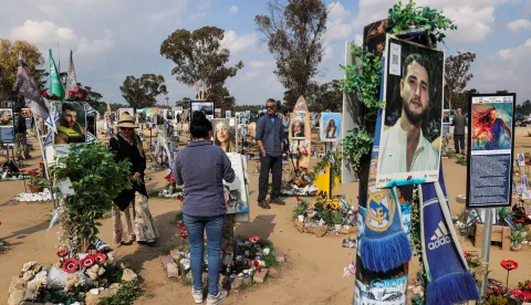 epa11866228 People visit a memorial site for the victims of the Hamas attack at the Supernova Music Festival on 07 October 2023, near Kibbutz Re'im, at the Israel-Gaza border, southern Israel, 31 January 2025. More than 46,000 Palestinians have been killed in the Gaza Strip, according to the Palestinian Ministry of Health, since Israel launched a military campaign in the strip in response to a cross-border attack led by the Palestinian militant group Hamas on 07 October 2023, in which about 1,200 Israelis were killed and more than 250 taken hostage. EPA/ABIR SULTAN