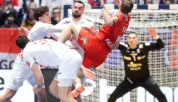 Oslo, 02.02.2025 - Finale Svjetskog rukometnog prvenstva, Hrvatska - Danska. Na slici Marko Mamić, Luka Lovre Klarica, Leon &Scaron;u&scaron;nja, Mathias Gidsel, Dominik Kuzmanović.foto HINA/ Damir SENČAR/ ds