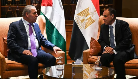 epa11859612 Egyptian Minister of Foreign Affairs Badr Abdelatty (R) meets with Hussein Al-Sheikh, Secretary-General of the Executive Committee of the Palestine Liberation Organization (L), at Hilton Cairo Heliopolis hotel, in Cairo, Egypt, 29 January 2025. EPA/MOHAMED HOSSAM