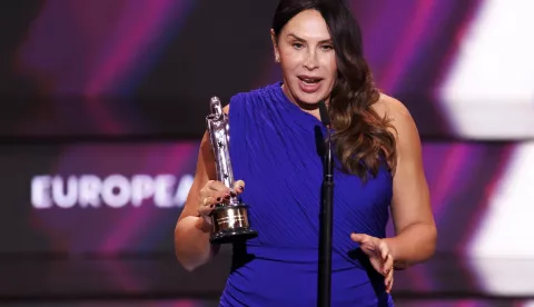 epa11763641 Karla Sofia Gascon of Spain winner of the European Actress category for "Emilia Perez" reacts during the gala of the 37th European Film Awards at the Culture and Convention Center KKL in Lucerne, Switzerlnd, 07 December 2024. EPA/MICHAEL BUHOLZER