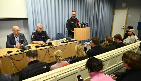 epa11876150 Director of Health Jonas Claesson, Chief of Police Lars Wiren and Head of the Orebro local police area Roberto Eid Forest attend a press conference following a shooting at the Risbergska School in Orebro, Sweden, 05 February 2025. According to police, at least 10 people were killed and several others were injured after a shooting at the Risbergska School on 04 February. EPA/ANDERS WIKLUND SWEDEN OUT