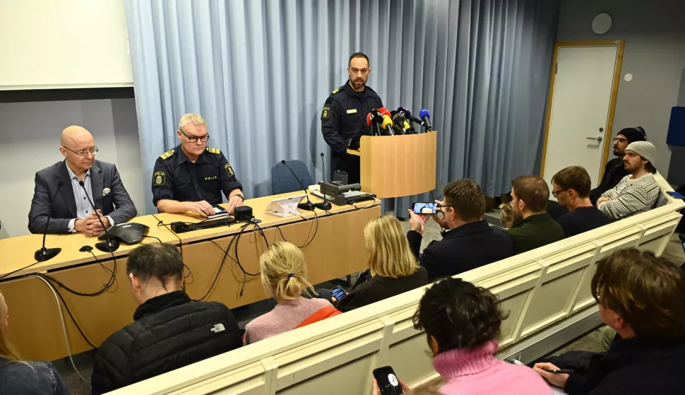 epa11876150 Director of Health Jonas Claesson, Chief of Police Lars Wiren and Head of the Orebro local police area Roberto Eid Forest attend a press conference following a shooting at the Risbergska School in Orebro, Sweden, 05 February 2025. According to police, at least 10 people were killed and several others were injured after a shooting at the Risbergska School on 04 February. EPA/ANDERS WIKLUND SWEDEN OUT