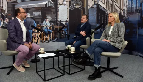 Zagreb, 29.01.2025 (pogled) - Kresimir Macan, snimanje podcasta, na slici Maja Vucic, Hrvoje Handl.foto Davor Kovacevicpogled
