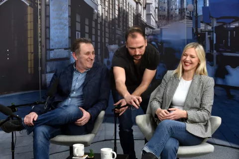 Zagreb, 29.01.2025 (pogled) - Kresimir Macan, snimanje podcasta, na slici Maja Vucic, Hrvoje Handl.foto Davor Kovacevicpogled