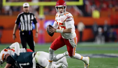 epa10464341 Kansas City Chiefs quarterback Patrick Mahomes in action during the third quarter of Super Bowl LVII between the AFC champion Kansas City Chiefs and the NFC champion Philadelphia Eagles at State Farm Stadium in Glendale, Arizona, 12 February 2023. The annual Super Bowl is the Championship game of the NFL between the AFC Champion and the NFC Champion and has been held every year since January of 1967. EPA/CAROLINE BREHMAN