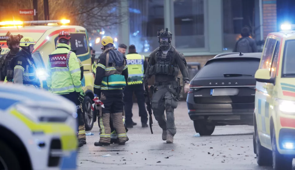 epa11874708 Emergency personnel gather after a shooting at Risbergska School in Orebro, Sweden, 04 February 2025. According to police, five people were shot at the school. EPA/Kicki Nilsson SWEDEN OUT