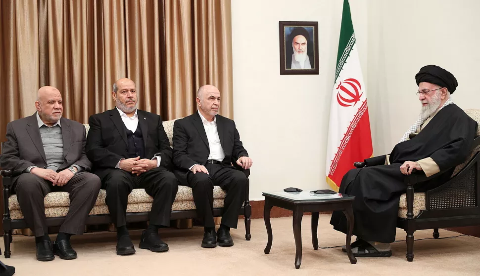 epa11882083 A handout photo made available by the Iranian Supreme Leader office shows, Iranian Supreme Leader Ayatollah Ali Khamenei (R) talking to the head of Hamas's Shura Council – the group's consultative body, Muhammad Ismail Darwish (3-L), Deputy Chairman of the Hamas Political Bureau, Khalil al-Hayya (2-L), and Member of Hamas Political Bureau Nizar Awadallah (L), in Tehran, Iran, 08 February 2025. EPA/IRANIAN SUPREME LEADER OFFICE/HANDOUT HANDOUT EDITORIAL USE ONLY/NO SALES