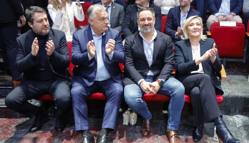 epa11882238 Leader of Spain's far-right party VOX Santiago Abascal (2-R) chairs the first summit of EU far-right parties in Madrid, Spain, 08 February 2025, with the attendance of European far-right-wing leaders such as France's National Rally (RN) parliamentary group leader Marine Le Pen (R), Hungarian Prime Minister Viktor Orban (2-L), and Italy's Deputy Prime Minister Matteo Salvini (L), under the slogan 'Make Europe Great Again'. EPA/SERGIO PEREZ
