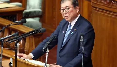 epa11849246 Japanese Prime Minister Shigeru Ishiba delivers a policy address at the parliament in Tokyo, Japan, 24 January 2025. Prime Minister Ishiba gave his policy speech at the start of a 150-day Diet session. EPA/JIJI PRESS JAPAN OUT EDITORIAL USE ONLY