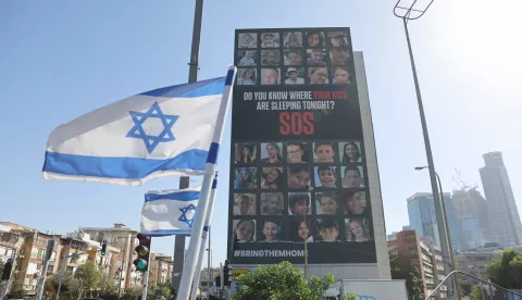 epa10992102 A large billboard showing minor Israeli hostages being held by Hamas in Gaza, on display in Tel Aviv, Israel, 24 November 2023. Israel and Hamas agreed to a 4-day ceasefire agreement, mediated by Qatar, the US, and Egypt, that came into effect at 05:00 AM GMT on 24 November, with 50 Israeli hostages, women and children, to be released by Hamas. 150 Palestinian women and children that were detained in Israeli prisons are to be released in exchange. More than 14.000 Palestinians and at least 1,200 Israelis have been killed, according to the Gaza Government media office and the Israel Defense Forces (IDF), since Hamas militants launched an attack against Israel from the Gaza Strip on 07 October, and the Israeli operations in Gaza and the West Bank which followed it. EPA/ABIR SULTAN