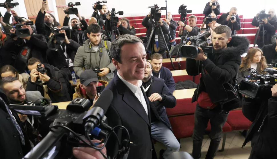 epa11884049 Incumbent Prime Minister and leader of 'Vetevendosje' party, Albin Kurti, arrives at a polling station to cast his ballot during the parliamentary elections in Pristina, Kosovo, 09 February 2025. About two million voters are eligible to vote for the 120 seats in Kosovo's parliament, 20 of which are reserved for ethnic Serbs and other minorities. EPA/GEORGI LICOVSKI