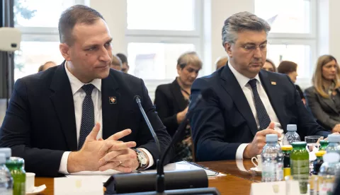 Zagreb, 30.01.2025. - Sjednica saborskog Odbora za poljoprivredu na kojoj je premijer Andrej Plenković predstavio kandidata za novog ministra poljoprivrede, šumarstva i ribarstva Davida Vlajčića iz kvote Domovinskog  pokreta, o čemu će Hrvatski sabor glasati u petak.Na fotografiji David Vlajčić, Andrej Plenković.foto HINA/ Edvard ŠUŠAK/ es