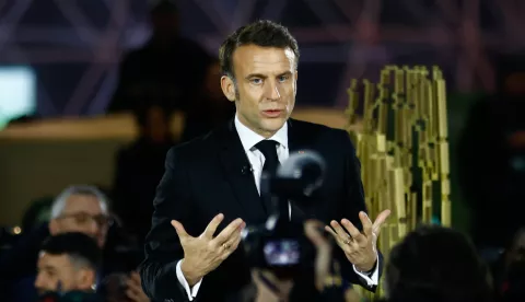 epa11886731 French President Emmanuel Macron delivers a speech during the Artificial Intelligence (AI) Action Summit at the Grand Palais in Paris, France, 10 February 2025. The summit takes place from 10 to 11 February. EPA/MOHAMMED BADRA