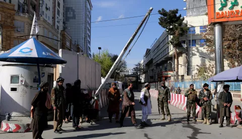 epa10545412 Taliban security personnel standing guard near the scene of a suicide bomb blast close to the Afghan ministry of foreign affairs in Kabul, Afghanistan, 27 March 2023. At least six people were killed and several injured when a suicide bomber, identified by the security forces at a checkpoint before reaching the target, detonated the explosives attached to his body, Kabul police spokesperson Kahlid Zadran said. EPA/SAMIULLAH POPAL