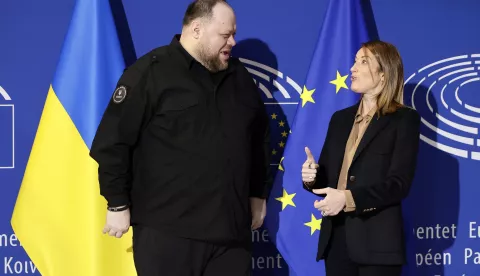 epa11887748 European Parliament President Roberta Metsola (R) and President of the Ukrainian Parliament Ruslan Stefanchuk arrive at the European Parliament in Strasbourg, France, 11 February 2025. The EU Parliament's session runs from 10 till 13 February 2025. EPA/RONALD WITTEK