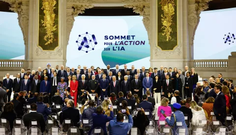 epa11888512 French President Emmanuel Macron (C), Indian Prime Minister Narendra Modi (C-L) and UN Secretary-General Antonio Guterres (C-R) pose for a family photo with participants at the end of a plenary session during the Artificial Intelligence (AI) Action Summit at the Grand Palais in Paris, France, 11 February 2025. The summit takes place from 10 to 11 February. EPA/MOHAMMED BADRA