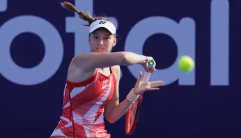 Elena Rybakina of Kazakhstan plays a forehand against Rebecca Sramkova of Slovakia during the day four of the Qatar TotalEnergies Open, part of the Hologic WTA Tour at Khalifa International Tennis and Squash Complex on February 12, 2025 in Doha, Qatar. (Photo by Tnani Badreddine/DeFodi Images) Photo: Tnani Badreddine/DeFodi Images/DEFODI