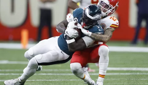 epa11885525 Kansas City Chiefs cornerback Trent McDuffie (R) tackles Philadelphia Eagles wide receiver A.J. Brown (L) during the second half of Super Bowl LIX between the Kansas City Chiefs and the Philadelphia Eagles at Caesars Superdome in New Orleans, Louisiana, USA, 09 February 2025. The Super Bowl is the annual championship game of the NFL between the AFC Champion and the NFC Champion and has been held every year since 1967. EPA/ERIK S. LESSER