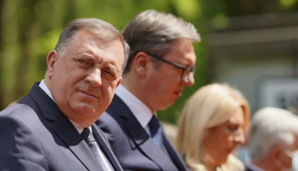 08.05.2021., Kozarska Dubica, Bosna i Hercegovina - Na Spomen-podrucju Donja Gradina obiljezen je Dan sjecanja na zrtve ustaskih zlocina u Drugom svjetskom ratu u koncentracijskom logoru Jasenovac i njegovom najvecem stratistu Donjoj Gradini. Milorad Dodik, Aleksandar Vucic Photo: Dejan Rakita/PIXSELL