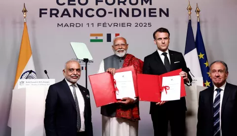 epa11888771 Indian Prime Minister Narendra Modi and French President Emmanuel Macron pose during the closing session of the Franco-Indian Economic Forum at the Quai d'Orsay following the Artificial Intelligence (AI) Action Summit in Paris, France, 11 February 2025. EPA/ABDUL SABOOR/POOL MAXPPP OUT