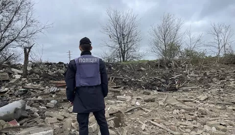 epa10602252 A handout photo made available by the National Police of Ukraine via telegram shows a police officer standing among debris at a site hit by shelling in Pavlohrad, Ukraine, 01 May 2023, amid Russia's invasion. At least 34 persons were injured, including five children, after a military strike hit a residential area in Pavlohrad, the head of the Dnipropetrovsk Regional Military Administration, Serhiy Lysak wrote on telegram. Russian troops entered Ukrainian territory on 24 February 2022, starting a conflict that has provoked destruction and a humanitarian crisis. One year on, fighting continues in many parts of the country. EPA/NATIONAL POLICE OF UKRAINE/HANDOUT -- BEST QUALITY AVAILABLE -- MANDATORY CREDIT HANDOUT EDITORIAL USE ONLY/NO SALES