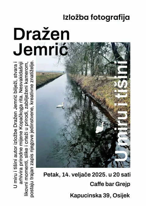 Promocija knjige Pozdrav iz Kopačkog rita Dražena Jemrića održat će se u petak (14. veljače) u 18 sati u knjižari Nova (Trg A. Starčevića 4), a izložba fotografija istoga autora u caffe baru Grejp (Kapucinska 39) u 20 sati. "U miru i tišini autor bilježi, stvara i arhivira prirodne mijene Kopačkog rita. Zabilježene kamerom, postaju trajan zapis jedinstvene, kreativne znatiželje. 