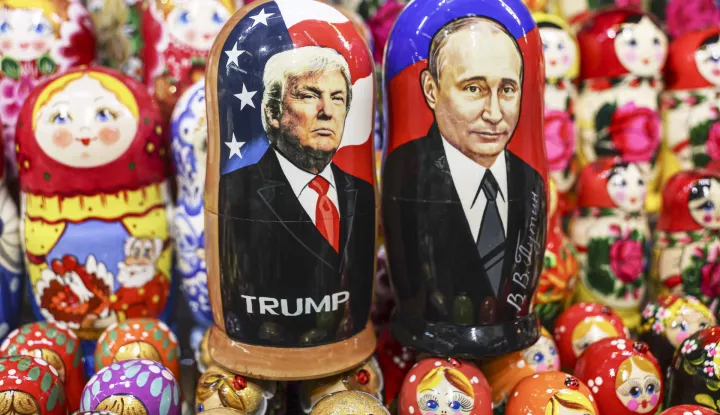 epa11892745 Traditional Russian wooden dolls Matryoshka depicting Russian President Vladimir Putin and US President Donald Trump are displayed for sale at a souvenir shop in Moscow, Russia, 13 February 2025. Russia has begun preparing a negotiating group to organize a meeting between the presidents of Russia and the United States, Russian presidential press secretary Dmitry Peskov said. The day before, Putin and Trump had a telephone conversation. EPA/MAXIM SHIPENKOV