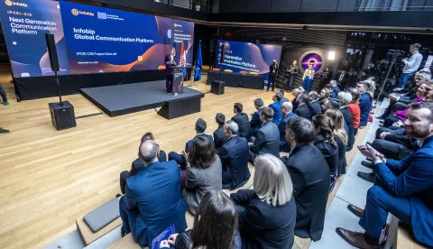 Zagreb, 13.2.2025 - Tvrtka Infobip predstavila je početak projekta IPCEI-CIS, koji se kao komunikacijska platforma buduće generacije fokusira na izgradnju europske cloud infrastrukture, čime Europa želi izgraditi novu decentraliziranu softversku infrastrukturu za naprednu upotrebu računalnih resursa. Foto Hina/ Dario GRZELJ/ dag