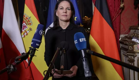 epa11891410 German Foreign Minister Annalena Baerbock speaks to the media prior to a Weimar+ Triangle meeting on Ukraine at the Foreign Affairs Ministry in Paris, France, 12 February 2025. EPA/CHRISTOPHE PETIT TESSON