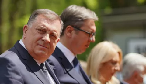 08.05.2021., Kozarska Dubica, Bosna i Hercegovina - Na Spomen-podrucju Donja Gradina obiljezen je Dan sjecanja na zrtve ustaskih zlocina u Drugom svjetskom ratu u koncentracijskom logoru Jasenovac i njegovom najvecem stratistu Donjoj Gradini. Milorad Dodik, Aleksandar Vucic Photo: Dejan Rakita/PIXSELL