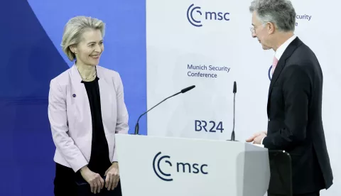 epa11895641 European Commission President Ursula von der Leyen (L) and Munich Security Conference Chairman Christoph Heusgen during the 61st Munich Security Conference (MSC), in Munich, Germany, 14 February 2025. High-level international decision-makers meet at the 61st Munich Security Conference in Munich from 14 to 16 February 2025 during their annual meeting to discuss global security issues. EPA/RONALD WITTEK